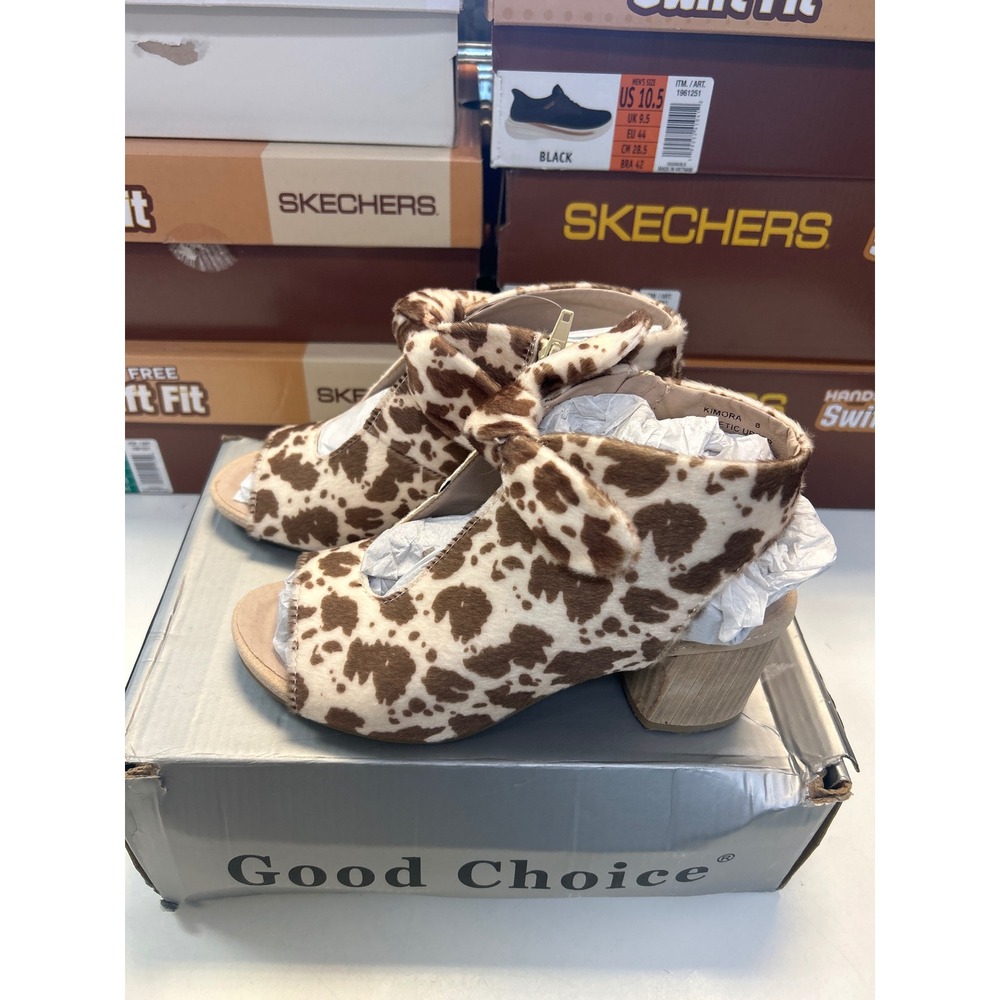 Good Choice Kimora Cow Print Peep Toe Ankle Boots Brown Block Heel Size 8 0564